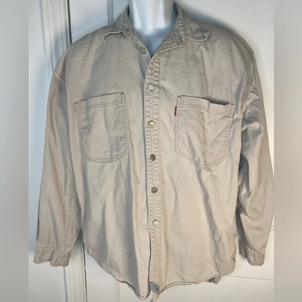 Vintage Levi's Cream Textured Mens Long Sleeve Button Down Shirt w Pockets